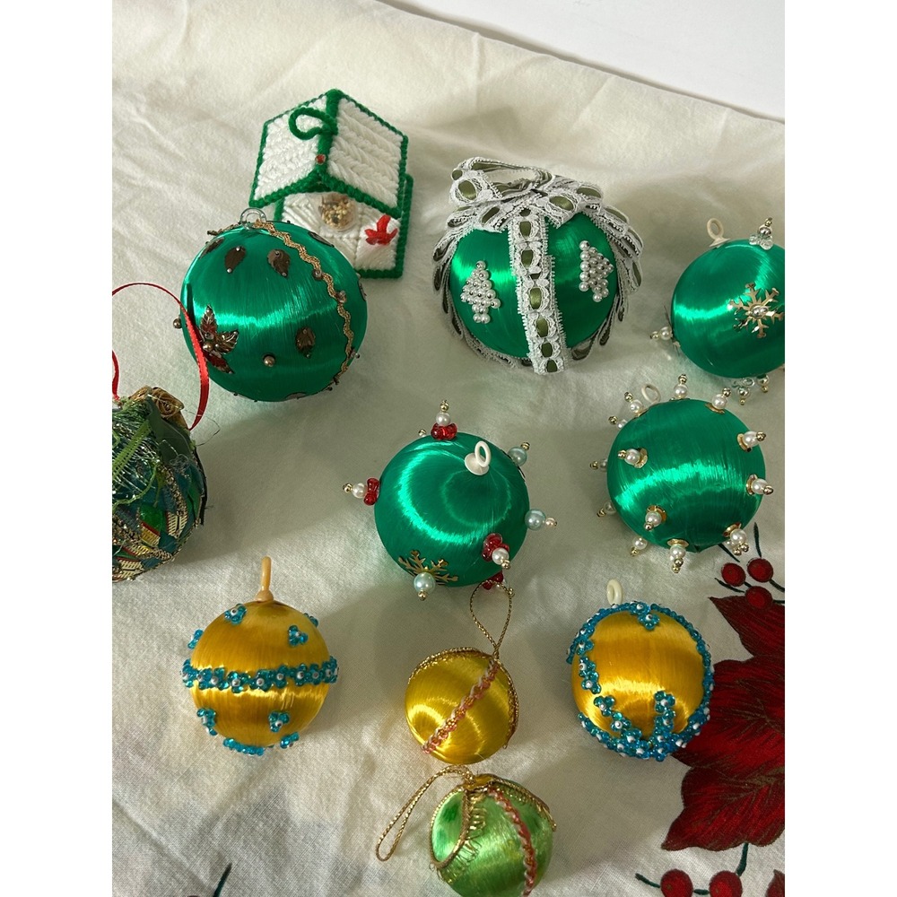 Christmas Ornaments Bulk Lot Satin Silk Wrapped Beaded Handmade Vintage 11pc Set